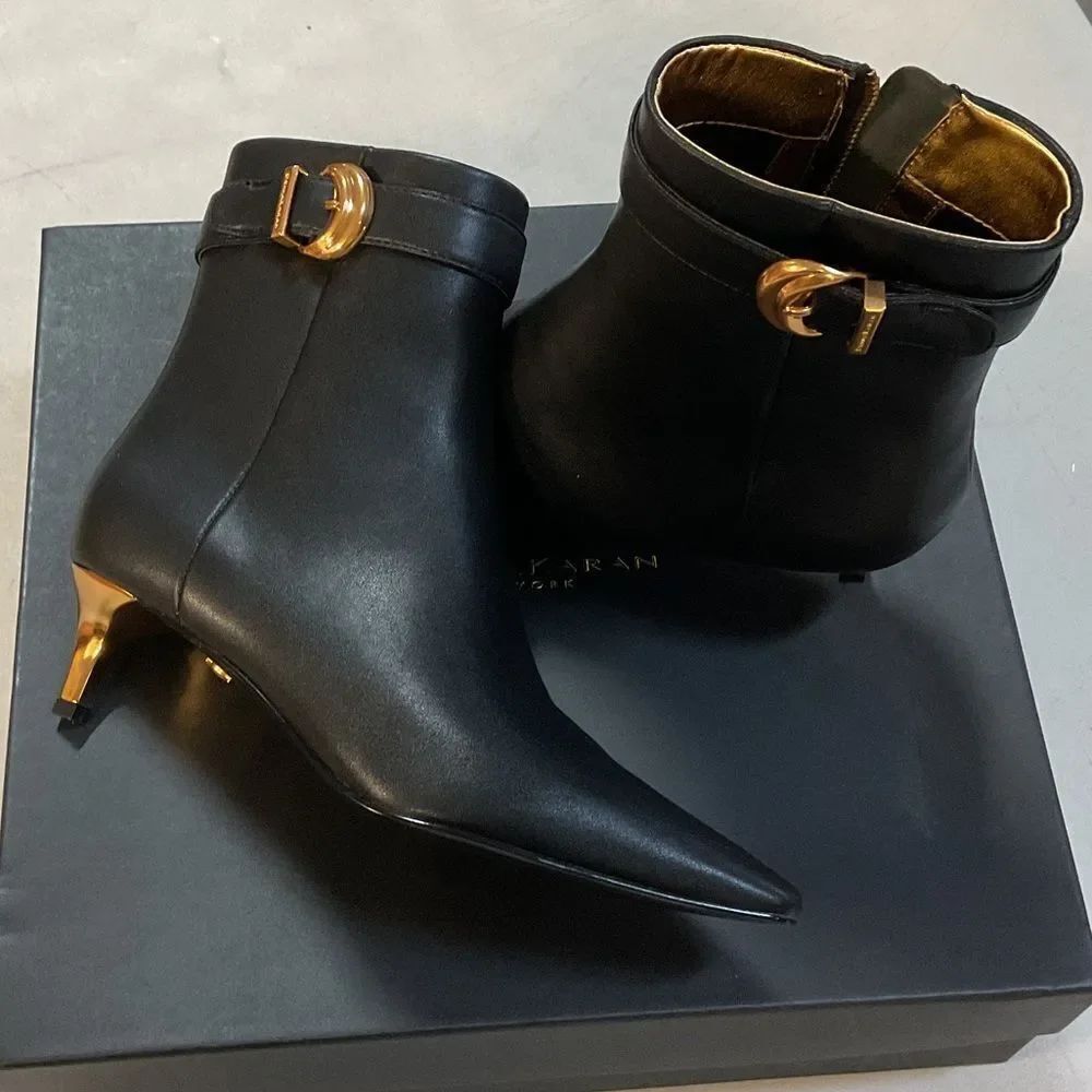 Donna Karan Black Ankle Boots with Gold Buckles